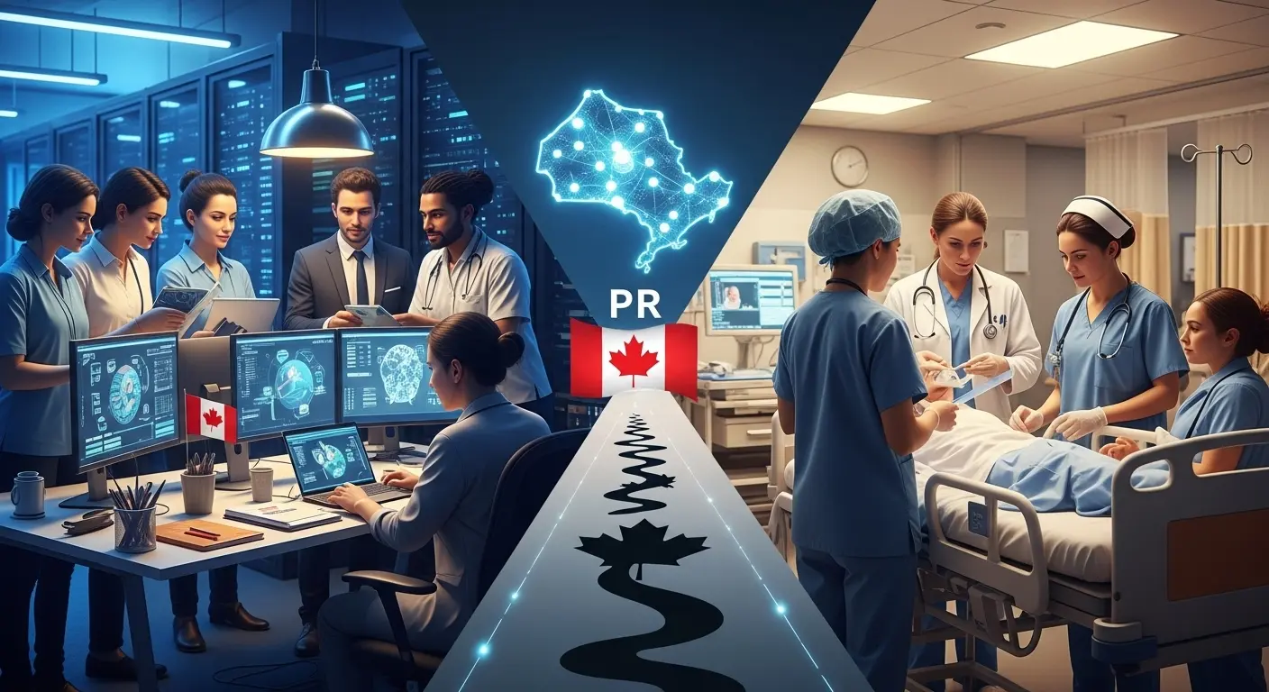 Stylized map of Ontario overlaid with icons of a nurse, pharmacist, and a software engineer, symbolizing high‑demand healthcare and tech occupations.